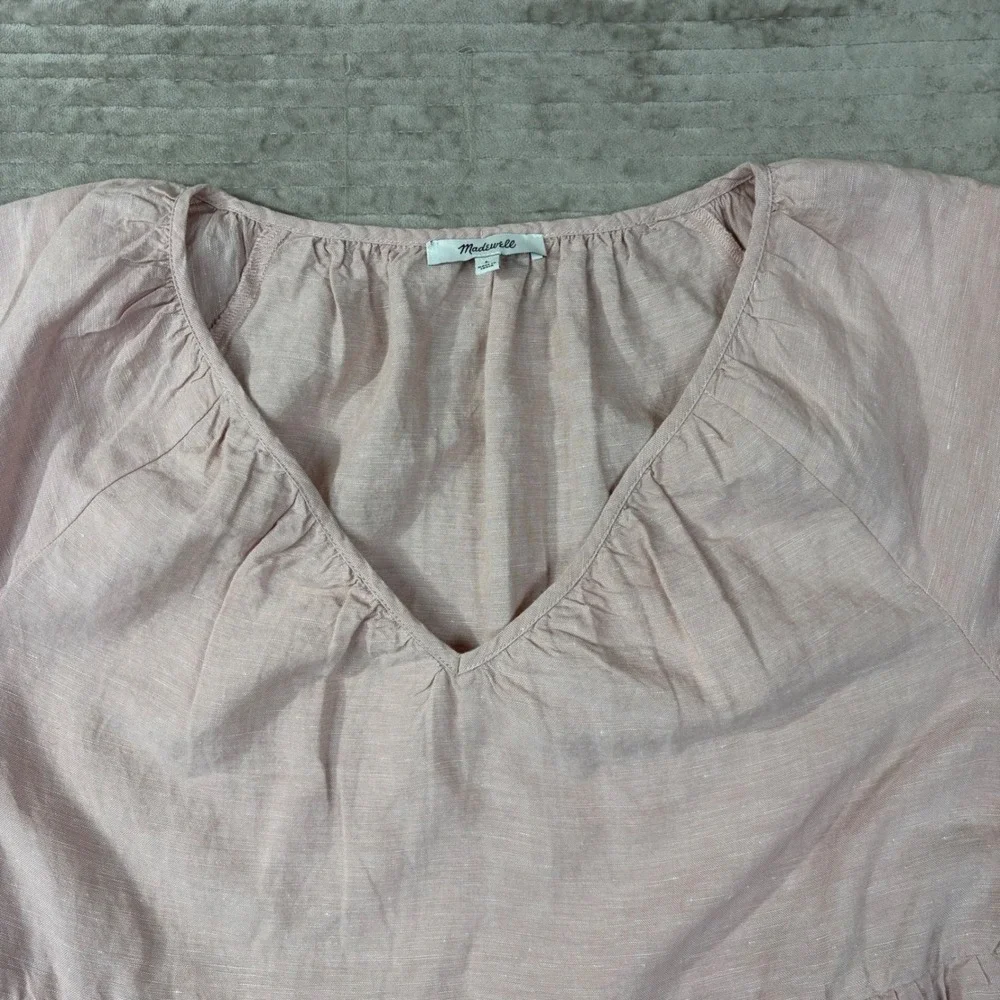 Madewell‎ Pink Linen Blend Tiered Mini Dress V-Neck Short Sleeve NE769 Large